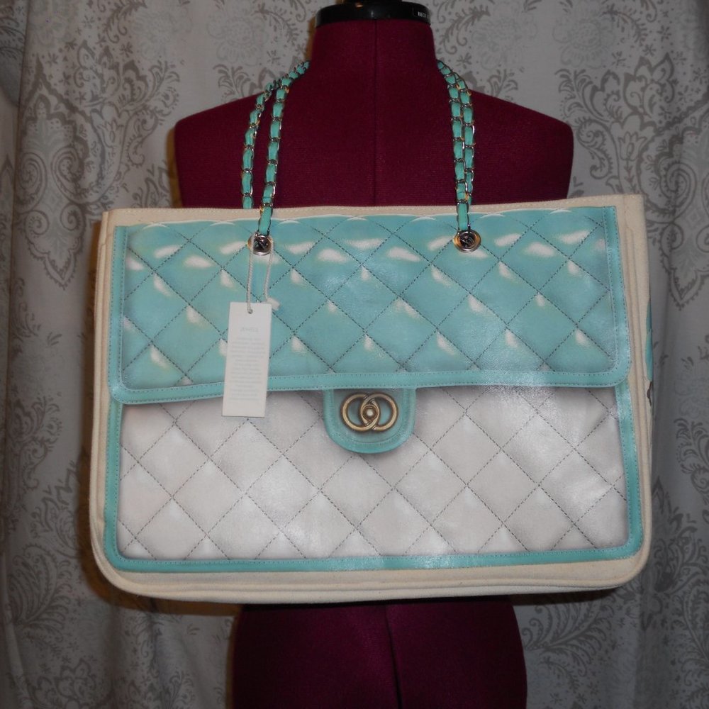 NWT Thursday Friday Aqua/Cream Cotton Tote Bag Snap Closure Some Flaws